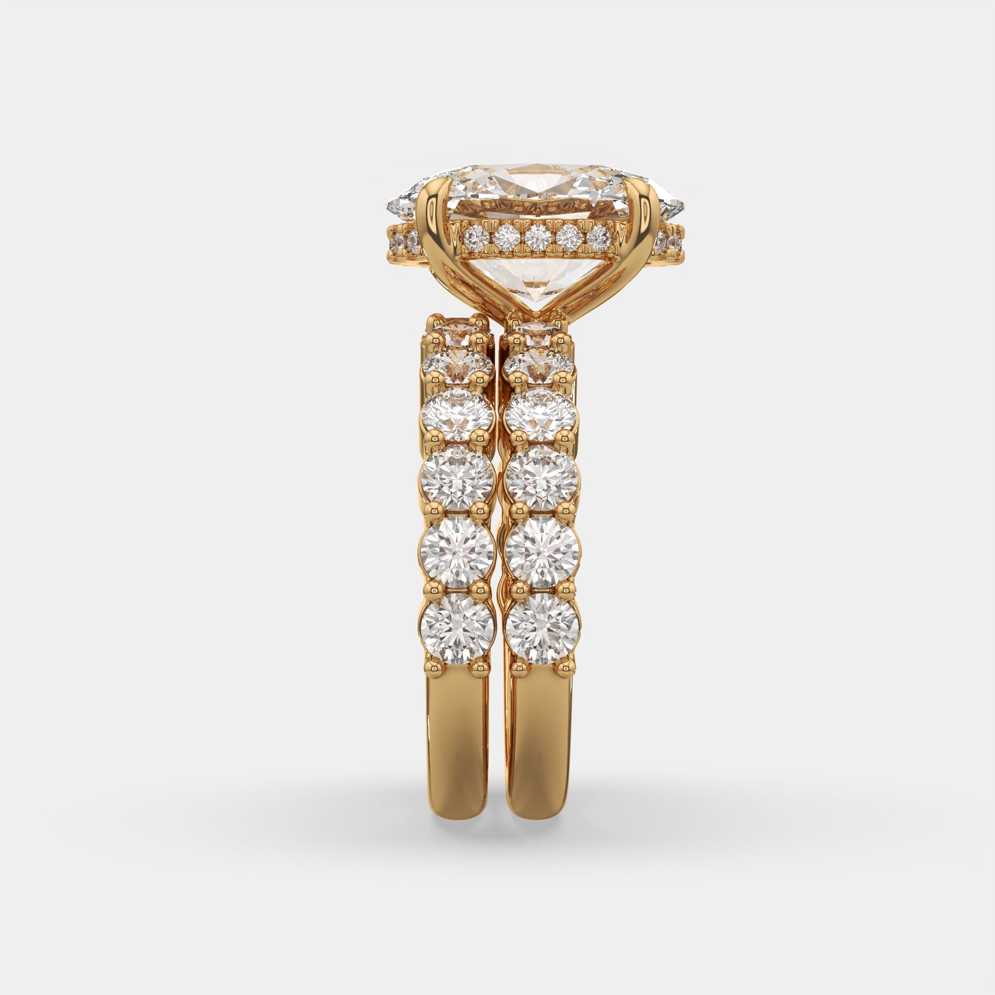 6.00 Ct E VS1 Oval Diamond Halo with Matching Band, in 14k yellow gold, engagement ring with matching band, side profile