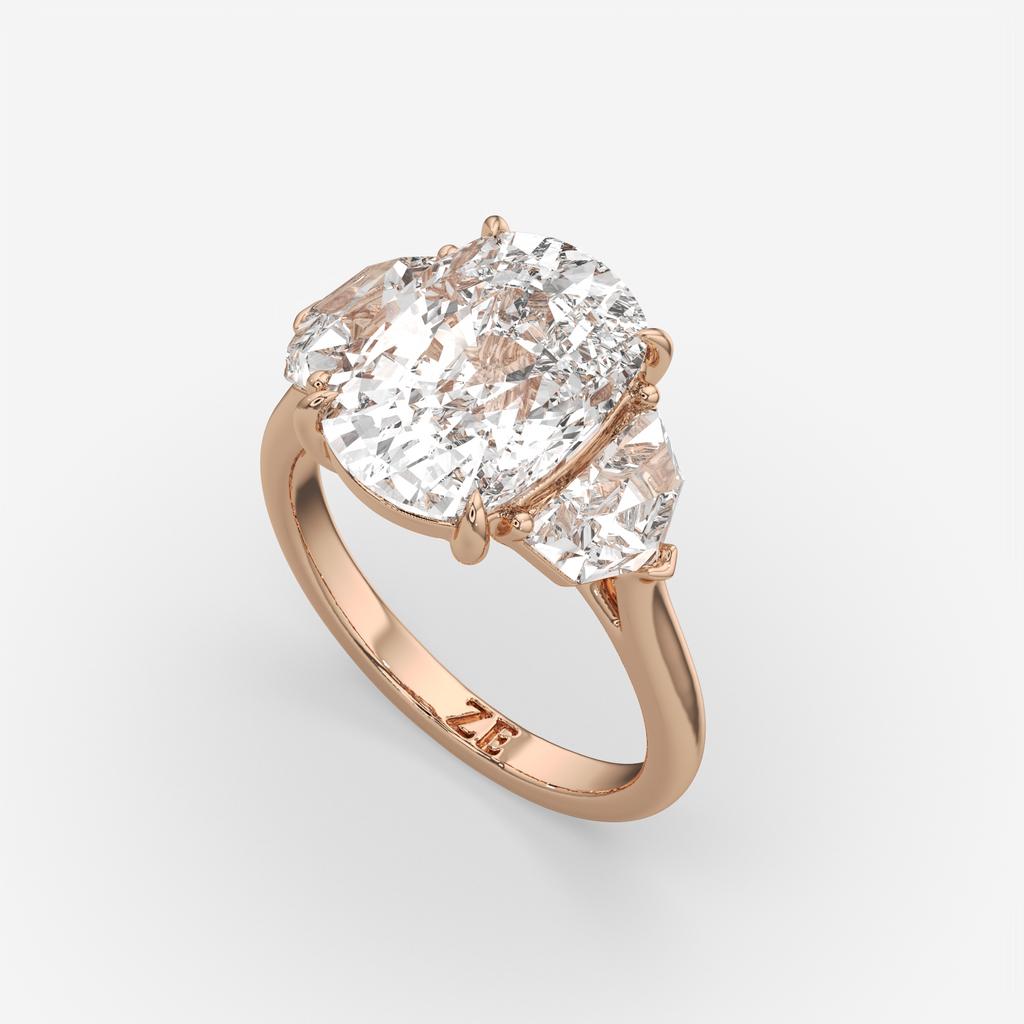 7.00 Ct F VS1 Cushion 3 Stone Ring With Brilliant Cut Trapezoid Accents, in rose gold, front view