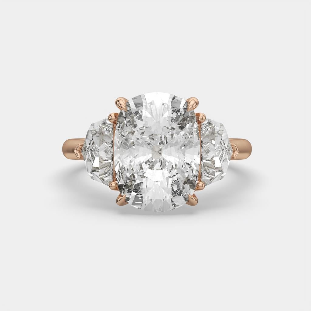7.00 Ct F VS1 Cushion 3 Stone Ring With Brilliant Cut Trapezoid Accents, in rose gold, front view