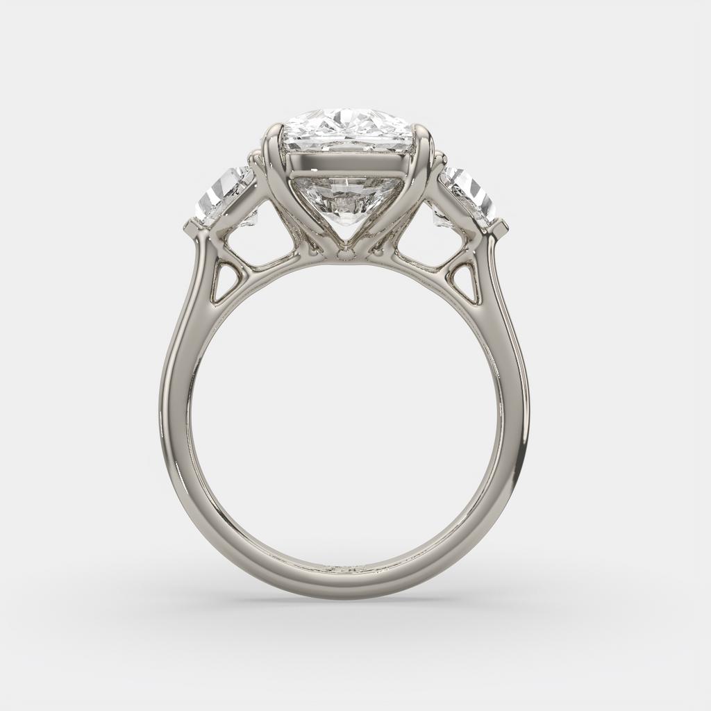 7.00 Ct F VS1 Cushion 3 Stone Ring With Brilliant Cut Trapezoid Accents, in white gold, side profile