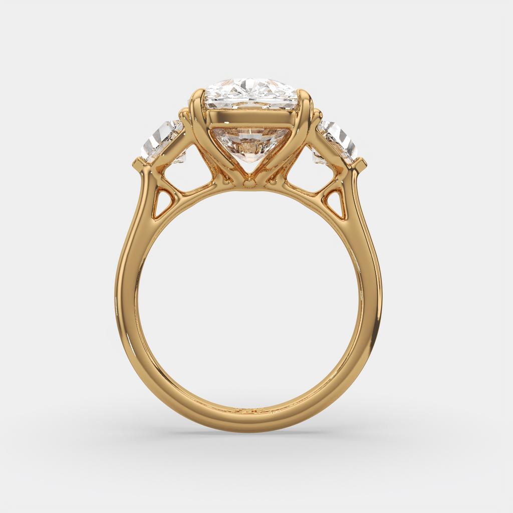 7.00 Ct F VS1 Cushion 3 Stone Ring With Brilliant Cut Trapezoid Accents, in yellow gold, side profile