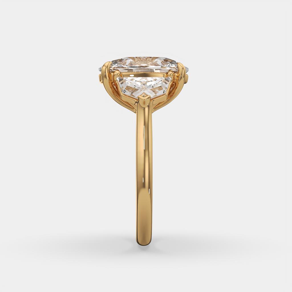7.00 Ct F VS1 Cushion 3 Stone Ring With Brilliant Cut Trapezoid Accents, in yellow gold, side profile
