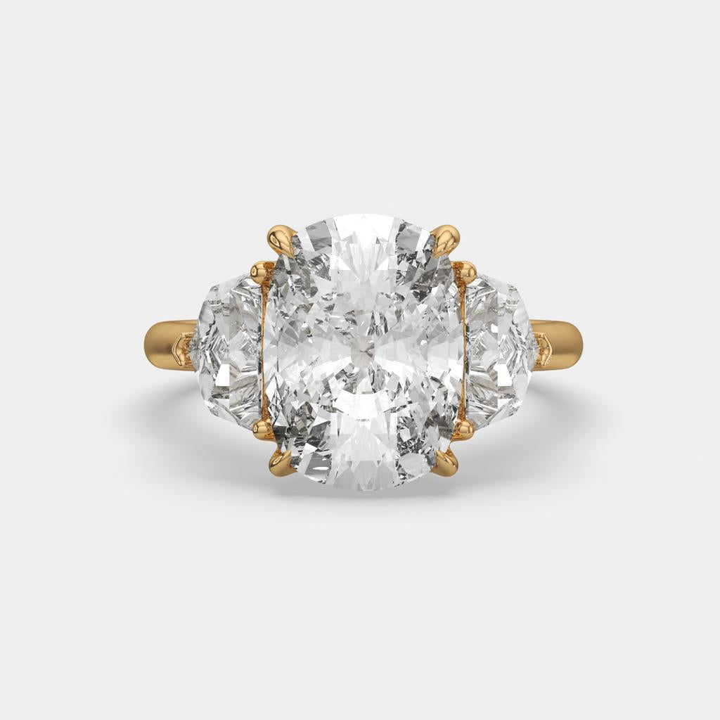 7.00 Ct F VS1 Cushion 3 Stone Ring With Brilliant Cut Trapezoid Accents, in yellow gold, top view