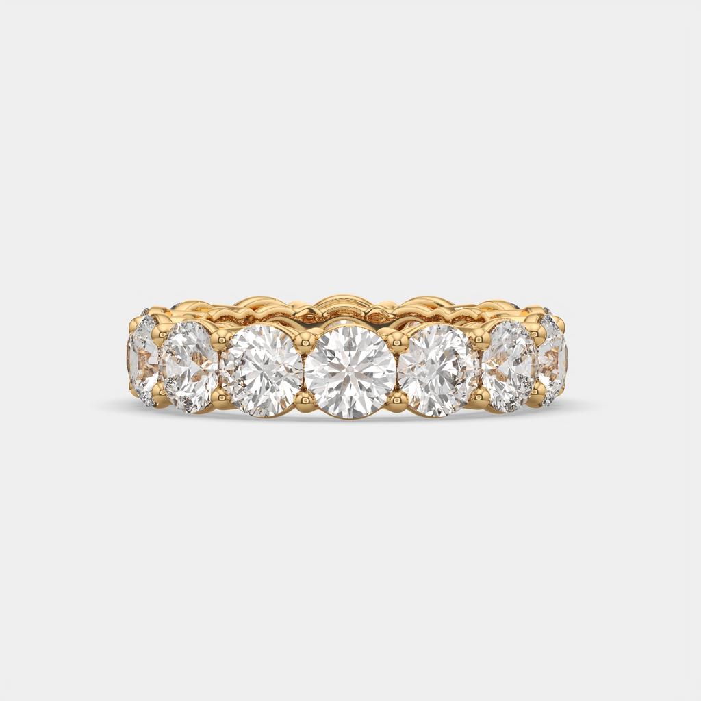 7.00 CTW D-E VS1 Round Lab Grown Diamond Eternity Ring, in yellow gold, front view