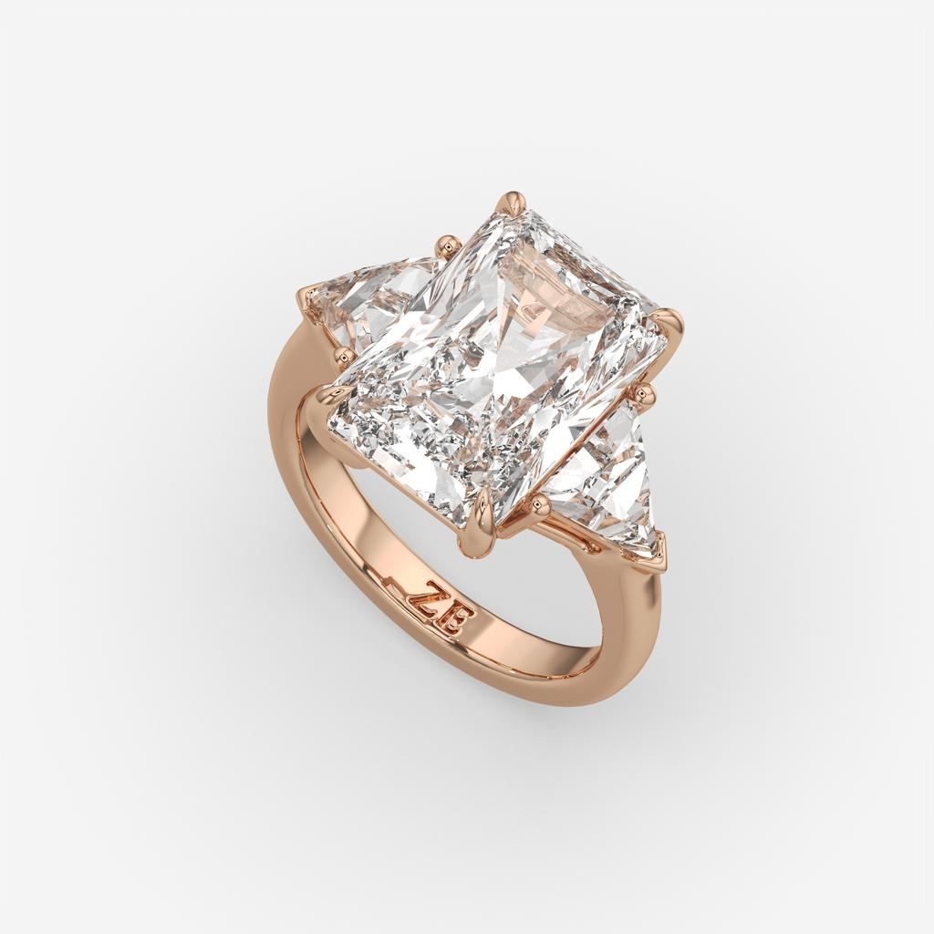 7.20 Ct E VS1 Radiant Cut Lab-Grown Diamond Three Stone Ring with Trapezoid Side Diamonds, in rose gold, front view