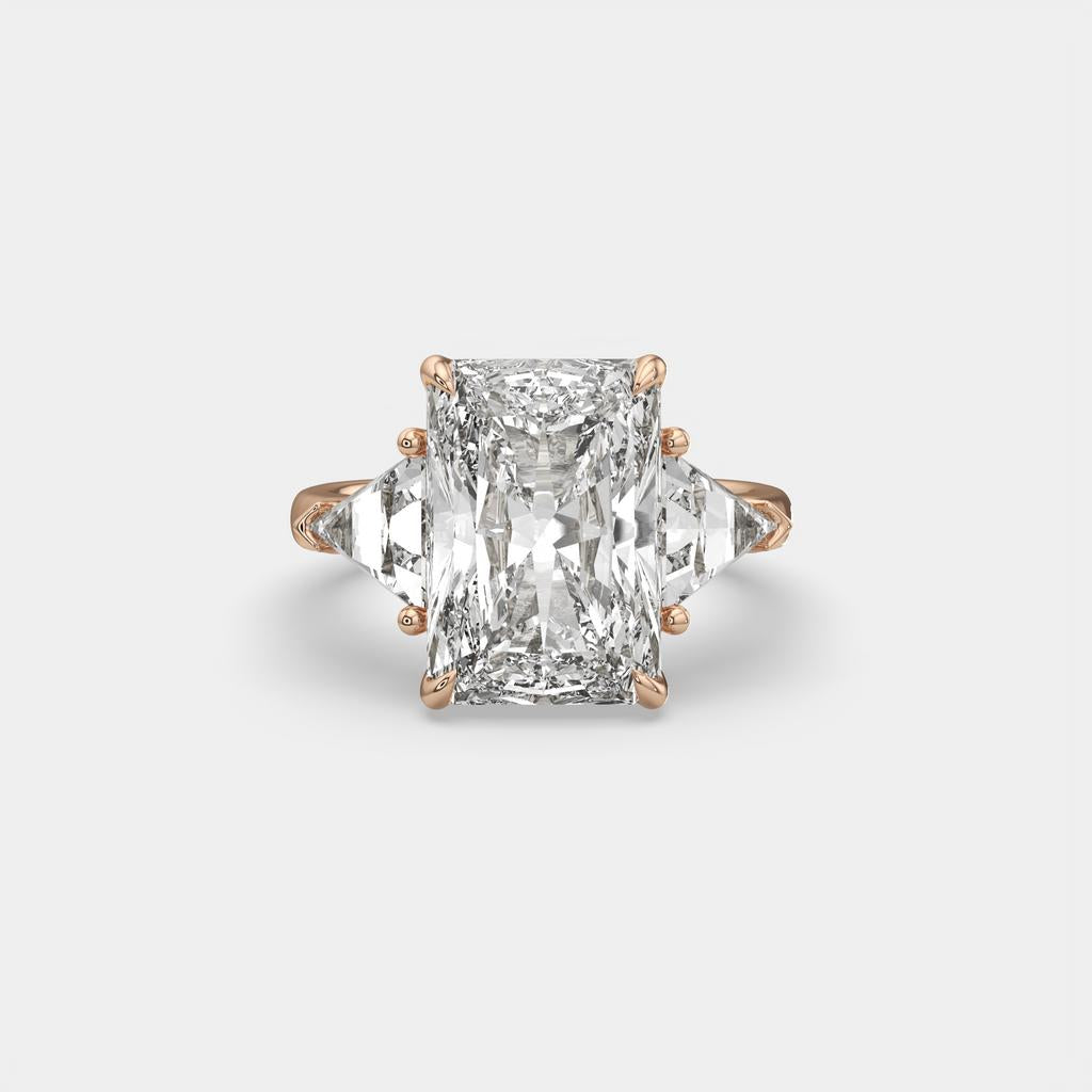 7.20 Ct E VS1 Radiant Cut Lab-Grown Diamond Three Stone Ring with Trapezoid Side Diamonds, in rose gold, front view