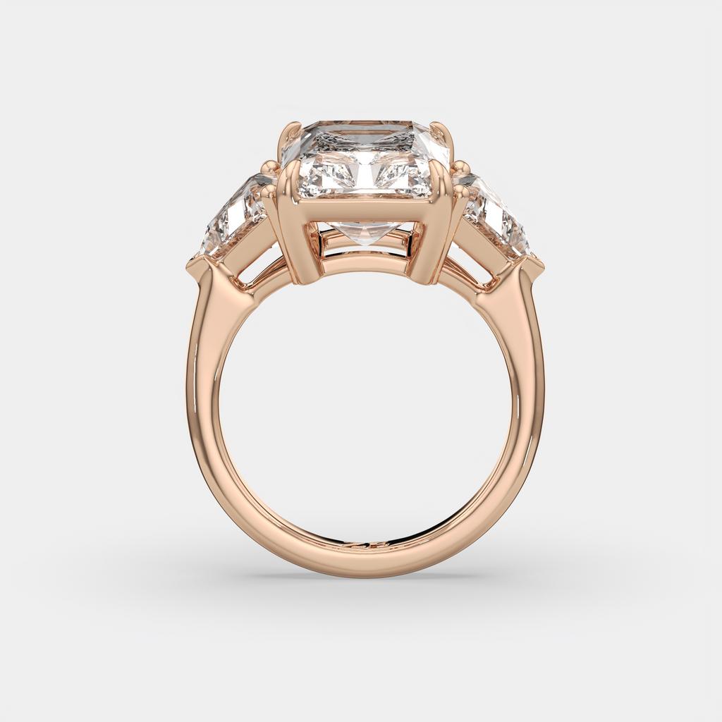 7.20 Ct E VS1 Radiant Cut Lab-Grown Diamond Three Stone Ring with Trapezoid Side Diamonds, in rose gold, side profile