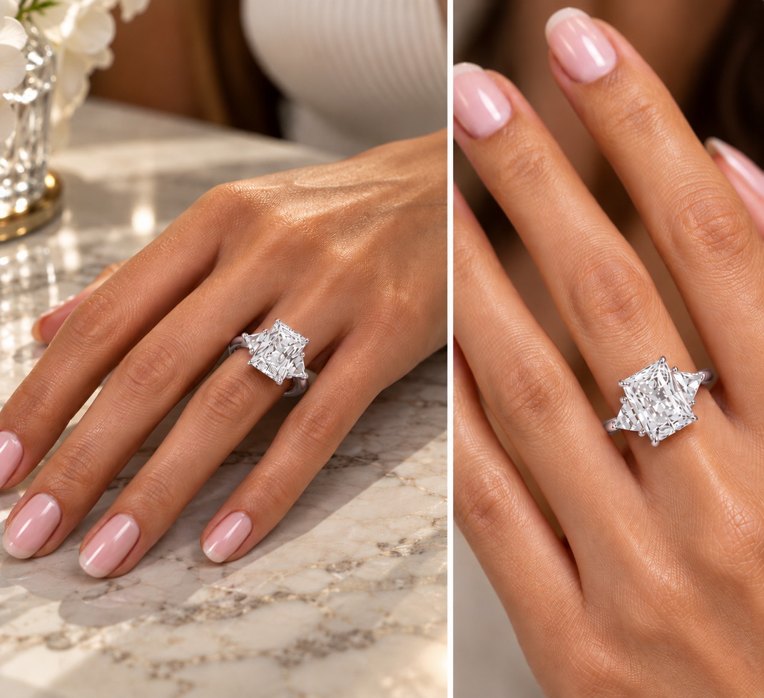 7.20 Ct E VS1 Radiant Cut Lab-Grown Diamond Three Stone Ring with Trapezoid Side Diamonds, in white gold, on hand