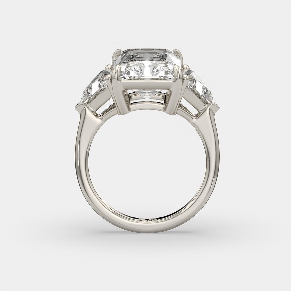 7.20 Ct E VS1 Radiant Cut Lab-Grown Diamond Three Stone Ring with Trapezoid Side Diamonds, in white gold, side profile