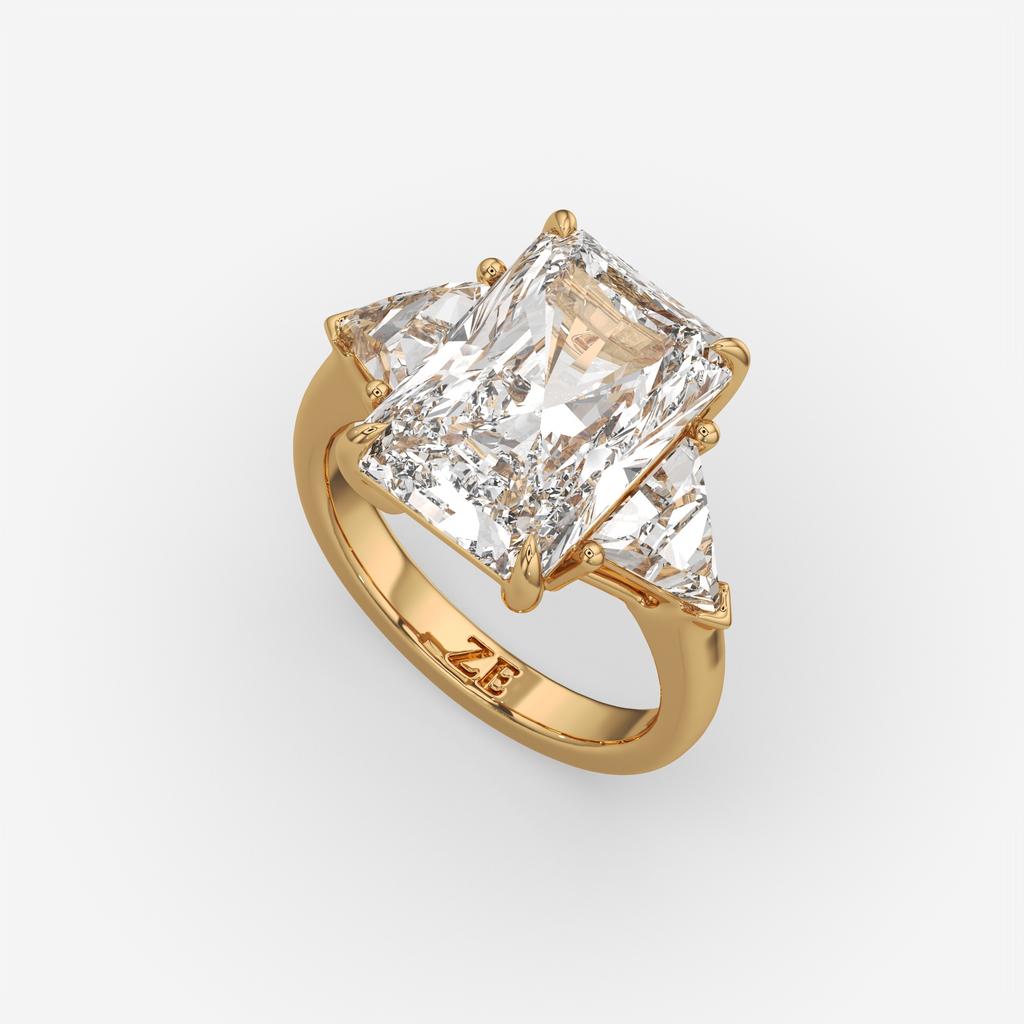 7.20 Ct E VS1 Radiant Cut Lab-Grown Diamond Three Stone Ring with Trapezoid Side Diamonds, in yellow gold, front view