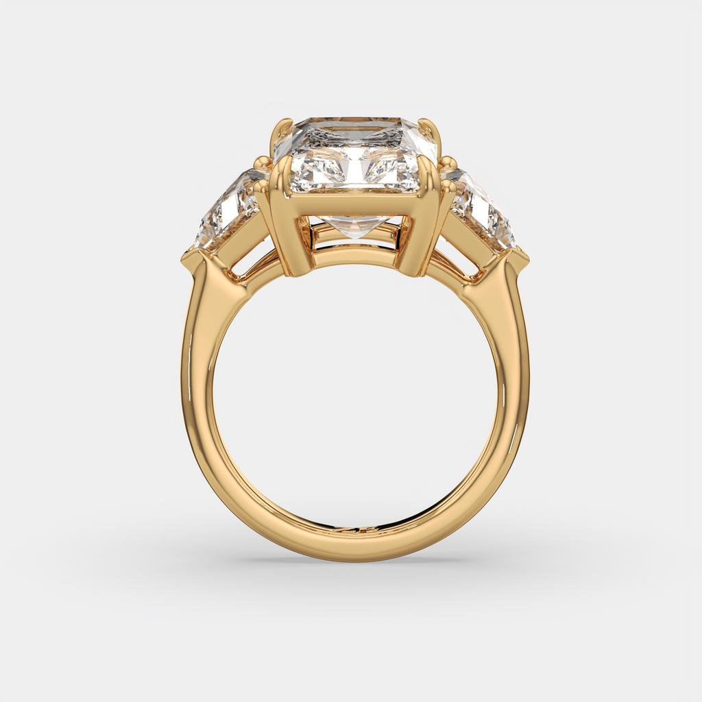 7.20 Ct E VS1 Radiant Cut Lab-Grown Diamond Three Stone Ring with Trapezoid Side Diamonds, in yellow gold, side profile