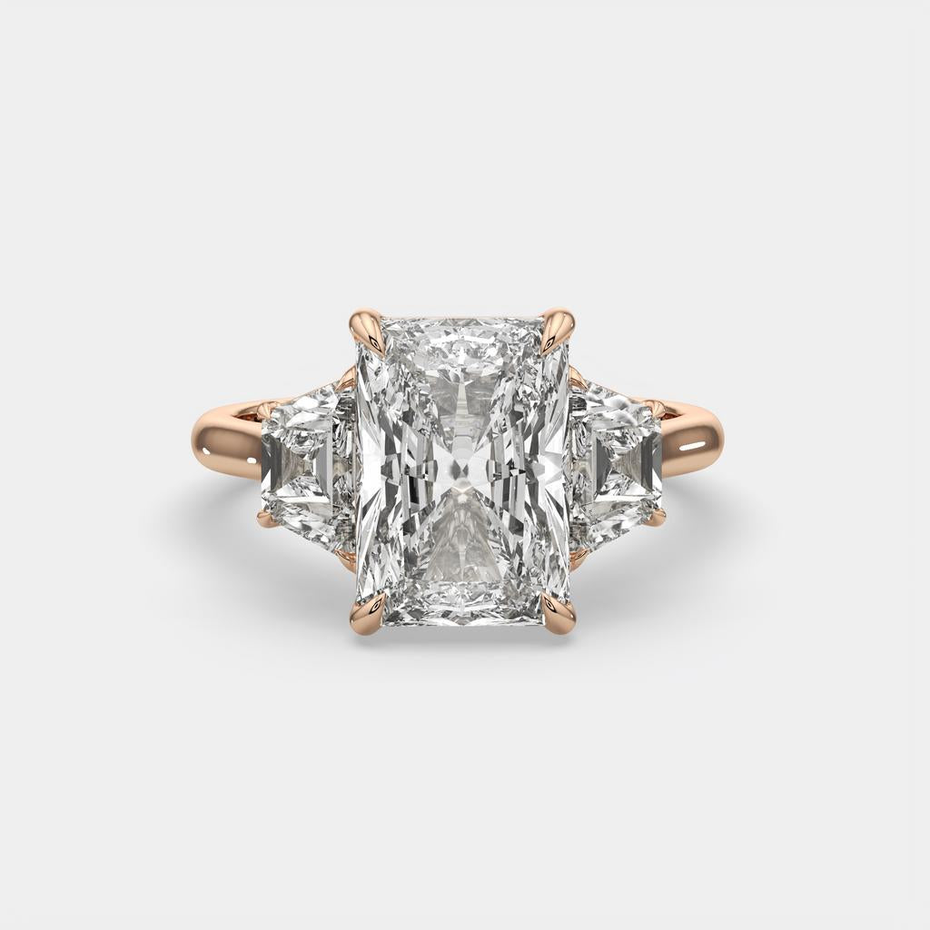 7.25 Ct E VS1 Radiant Cut Lab-Grown Diamond Three Stone Ring With Trapezoid Accents, in rose gold, front view