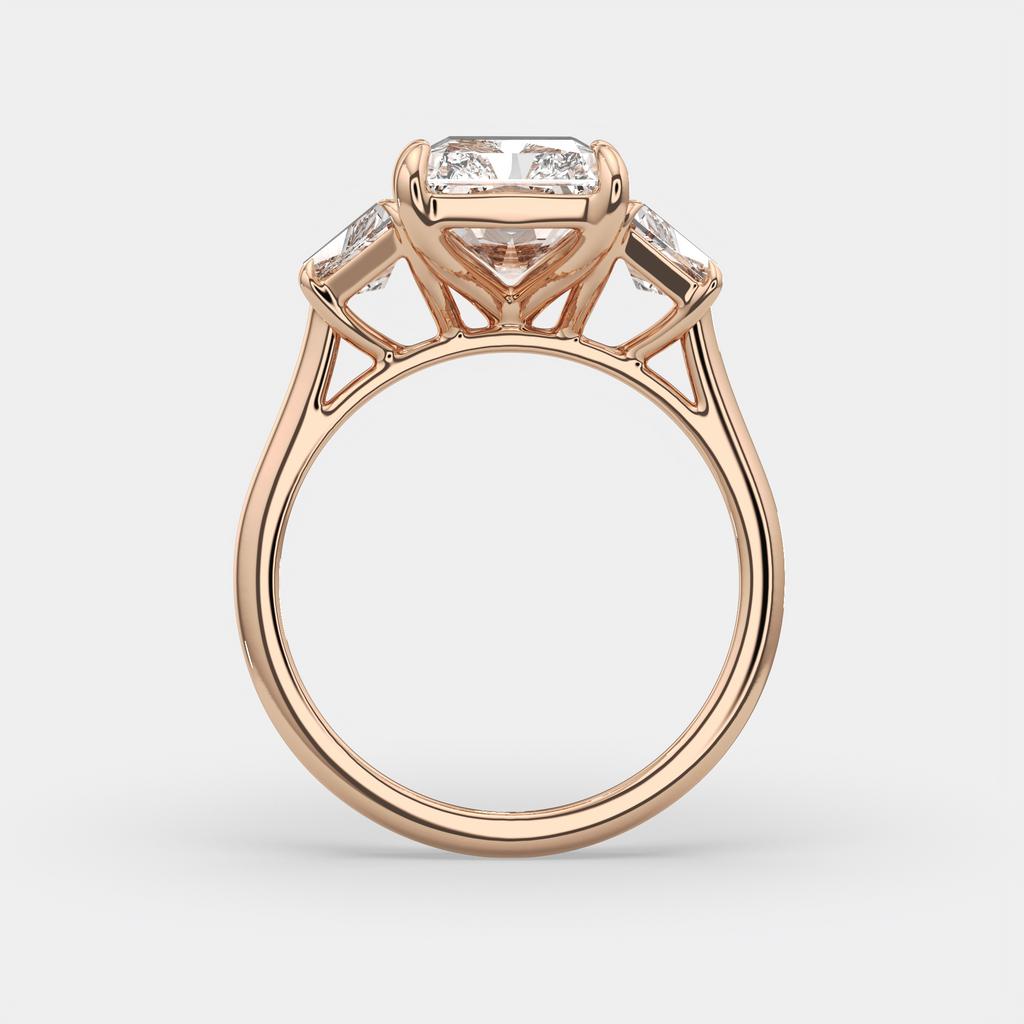 7.25 Ct E VS1 Radiant Cut Lab-Grown Diamond Three Stone Ring With Trapezoid Accents, in rose gold, side profile