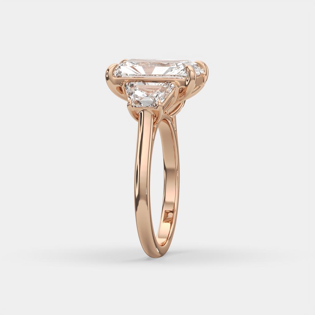 7.25 Ct E VS1 Radiant Cut Lab-Grown Diamond Three Stone Ring With Trapezoid Accents, in rose gold, side profile