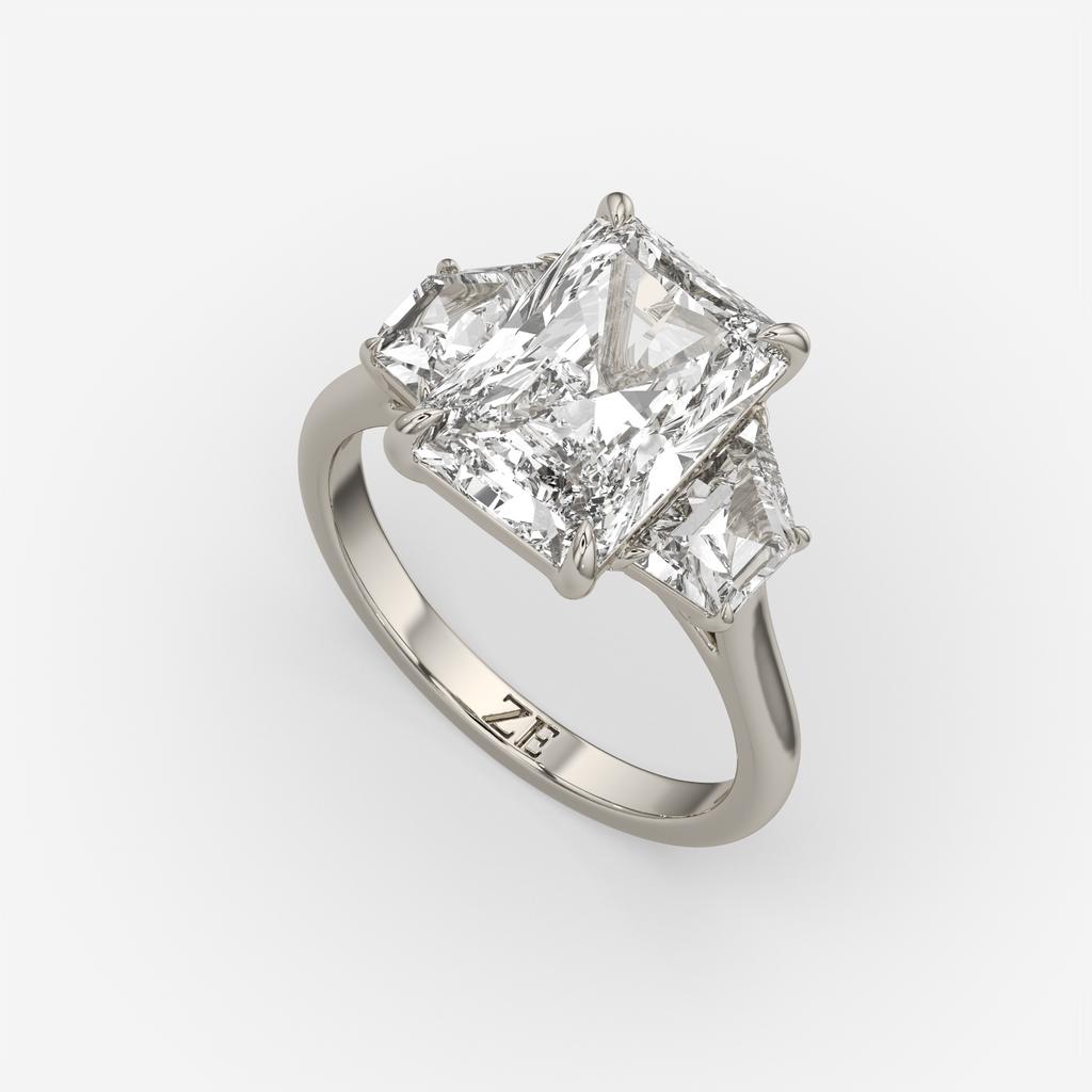 7.25 Ct E VS1 Radiant Cut Lab-Grown Diamond Three Stone Ring With Trapezoid Accents, in white gold, front view