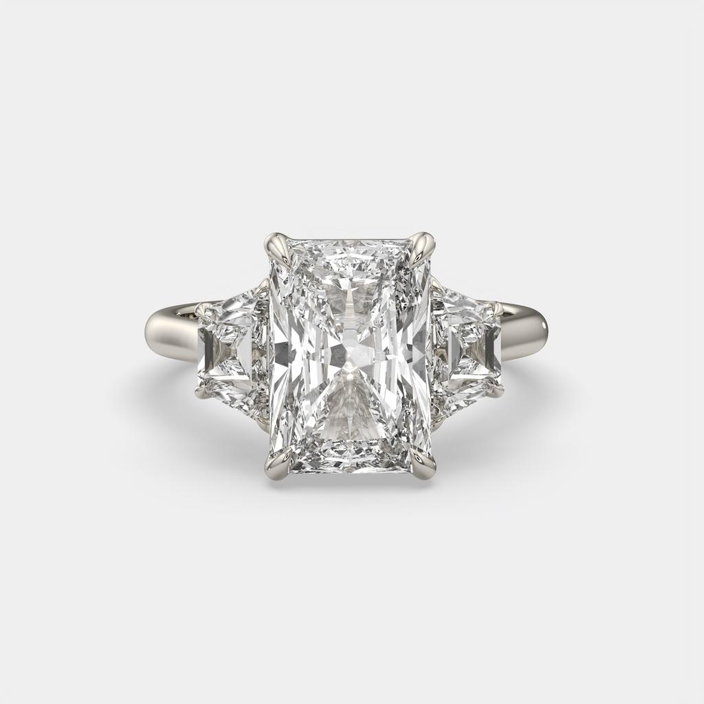 7.25 Ct E VS1 Radiant Cut Lab-Grown Diamond Three Stone Ring With Trapezoid Accents, in white gold, front view