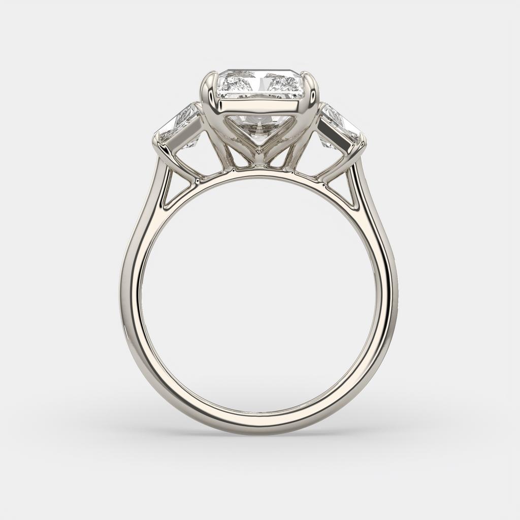 7.25 Ct E VS1 Radiant Cut Lab-Grown Diamond Three Stone Ring With Trapezoid Accents, in white gold, side profile