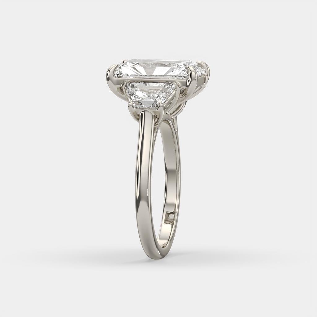 7.25 Ct E VS1 Radiant Cut Lab-Grown Diamond Three Stone Ring With Trapezoid Accents, in white gold, side profile