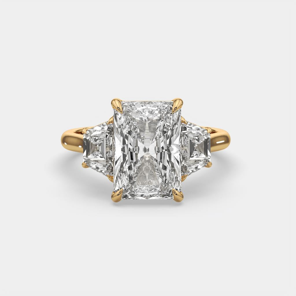 7.25 Ct E VS1 Radiant Cut Lab-Grown Diamond Three Stone Ring With Trapezoid Accents, in yellow gold, front view