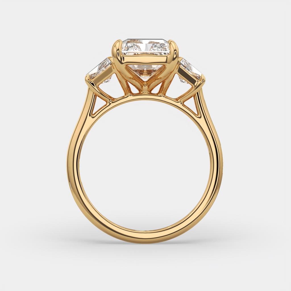 7.25 Ct E VS1 Radiant Cut Lab-Grown Diamond Three Stone Ring With Trapezoid Accents, in yellow gold, side profile