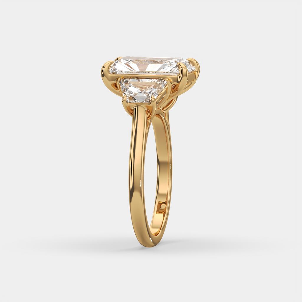 7.25 Ct E VS1 Radiant Cut Lab-Grown Diamond Three Stone Ring With Trapezoid Accents, in yellow gold, side profile