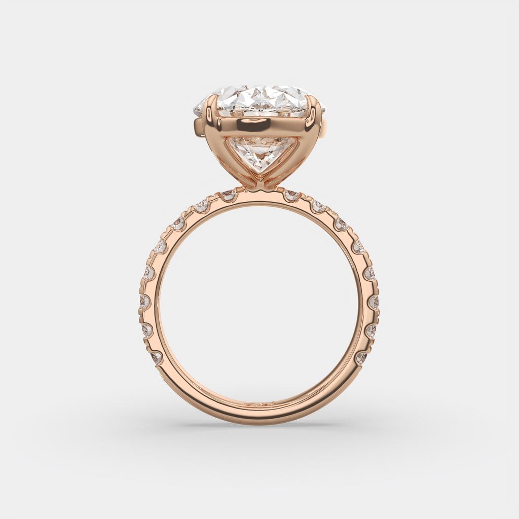 7.60 Ct F VS1 Oval Lab Grown Diamond Ring With Pavé Diamonds, in rose gold, front view