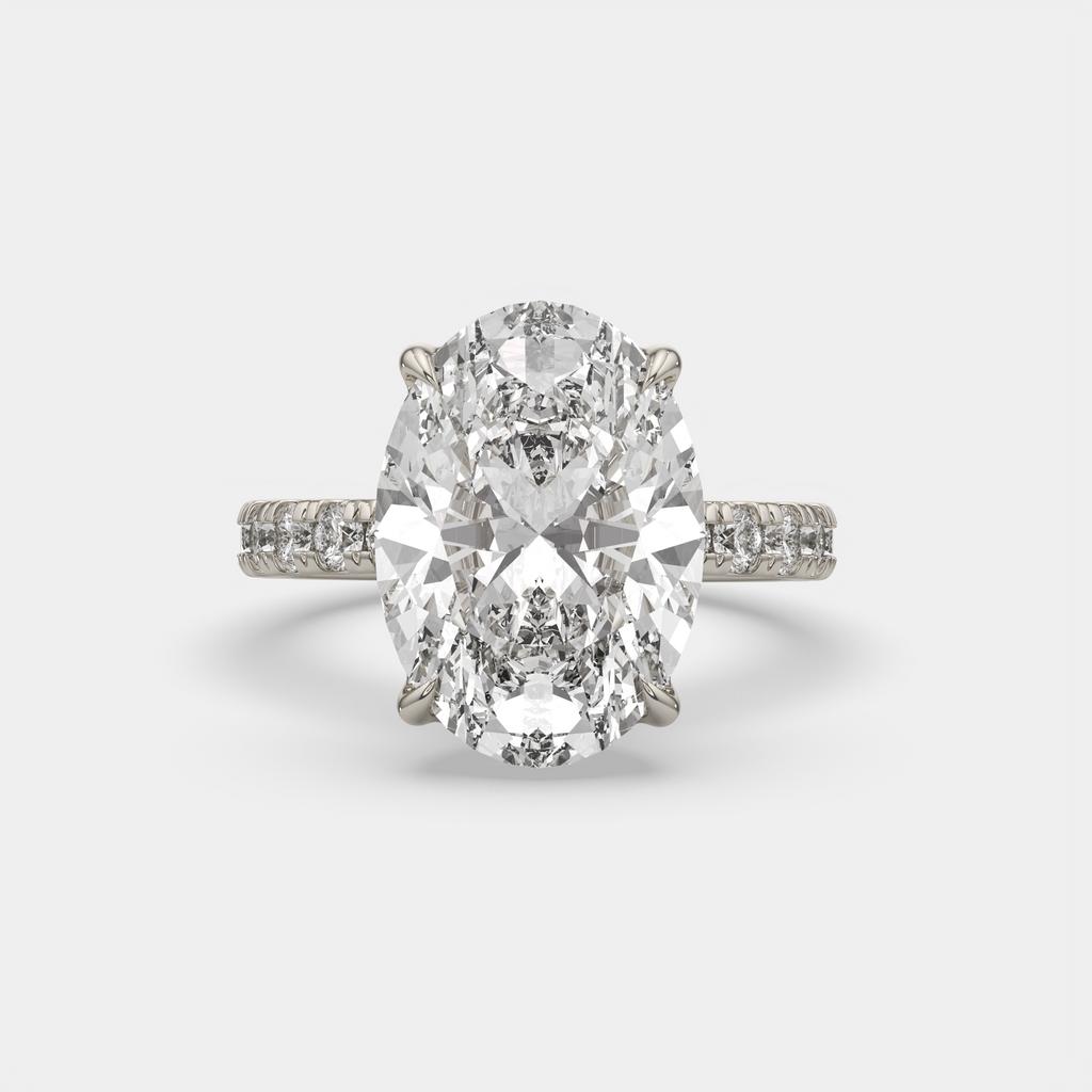 7.60 Ct F VS1 Oval Lab Grown Diamond Ring With Pavé Diamonds, in white gold, front view