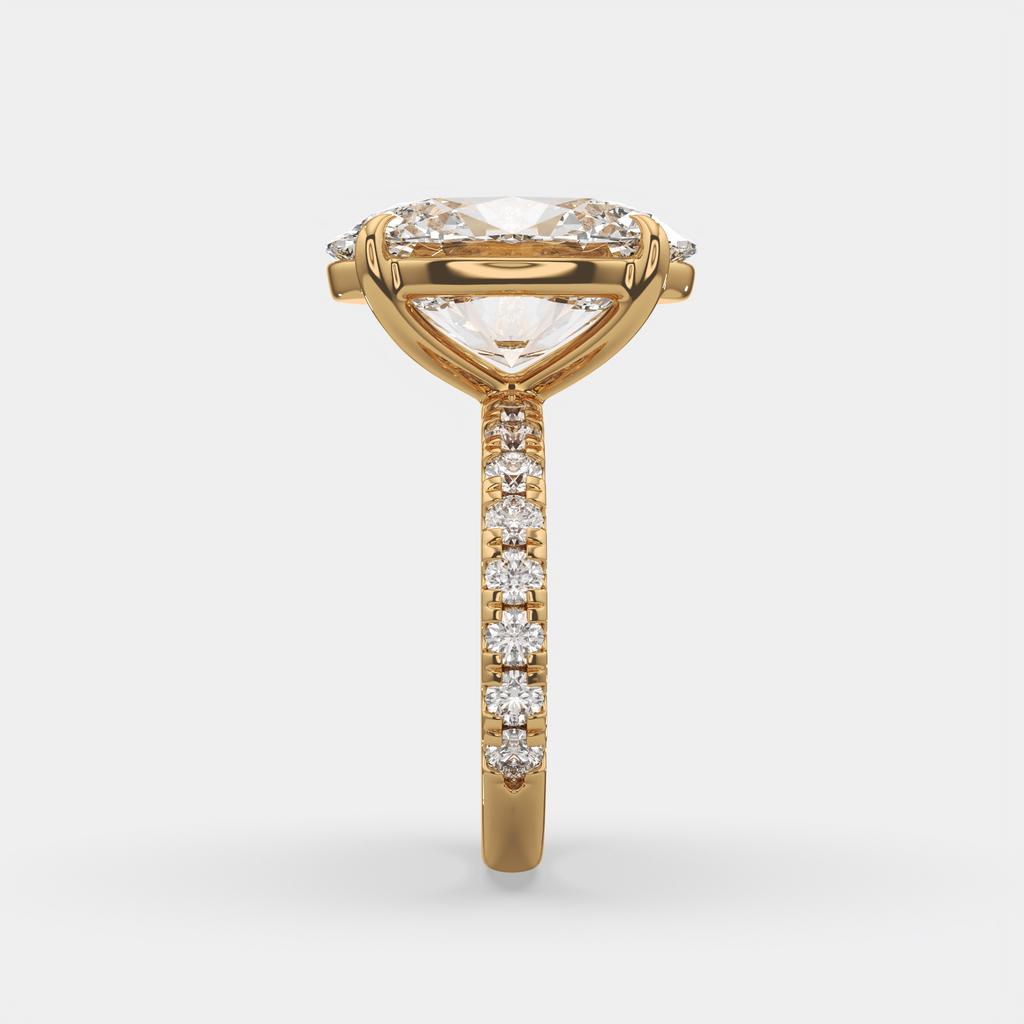 7.60 Ct F VS1 Oval Lab Grown Diamond Ring With Pavé Diamonds, in yellow gold, front view