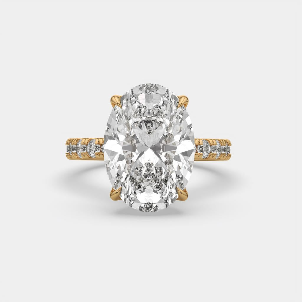7.60 Ct F VS1 Oval Lab Grown Diamond Ring With Pavé Diamonds, in yellow gold, front view