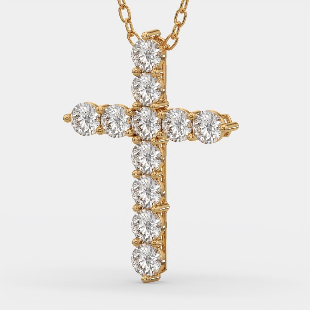 7.70 Ct D VS1 Round Lab-Grown Diamond Cross Pendant, in yellow gold, side profile