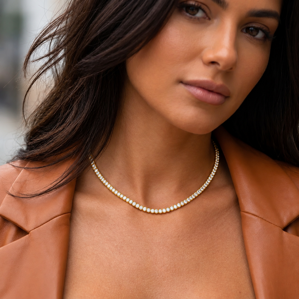 8.00 Ct D-E VS1 Round Lab-Grown Diamond Tennis Necklace, in yellow gold, front view