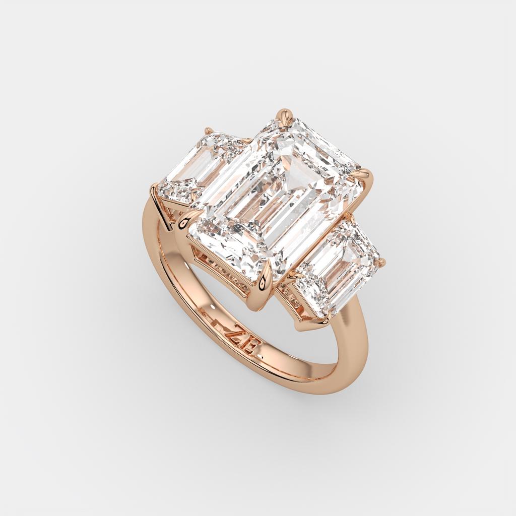 8.00 Ct E VS1 Emerald Cut Lab Grown Diamond Three Stone Ring, in rose gold, front view