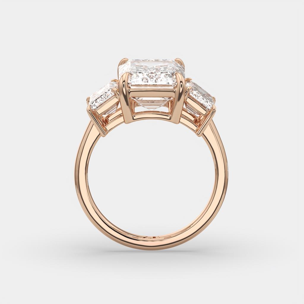 8.00 Ct E VS1 Emerald Cut Lab Grown Diamond Three Stone Ring, in rose gold, side profile