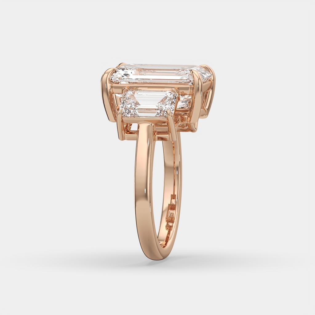 8.00 Ct E VS1 Emerald Cut Lab Grown Diamond Three Stone Ring, in rose gold, side profile