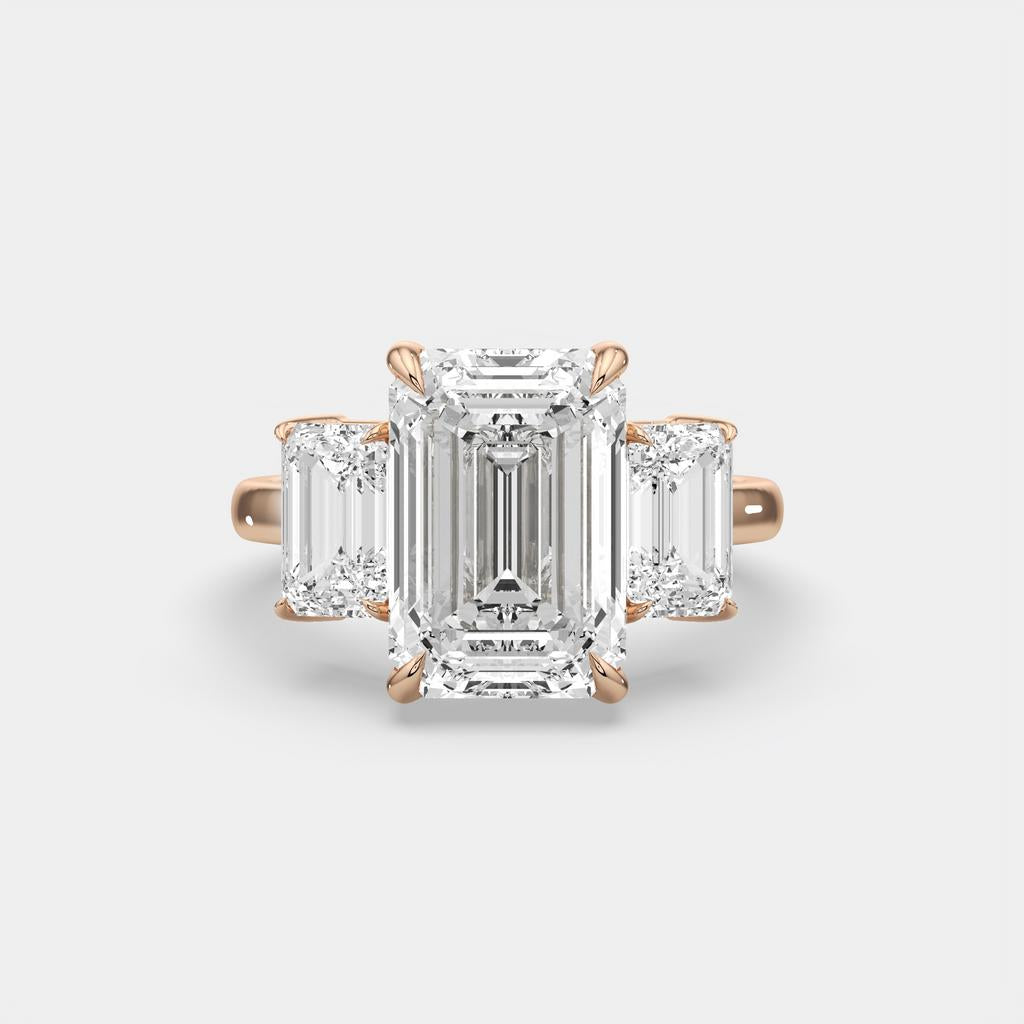 8.00 Ct E VS1 Emerald Cut Lab Grown Diamond Three Stone Ring, in rose gold, top view