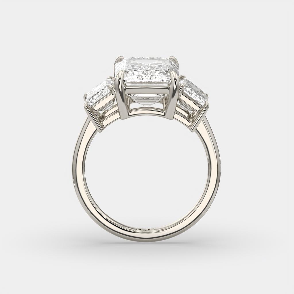 8.00 Ct E VS1 Emerald Cut Lab Grown Diamond Three Stone Ring, in white gold, side profile