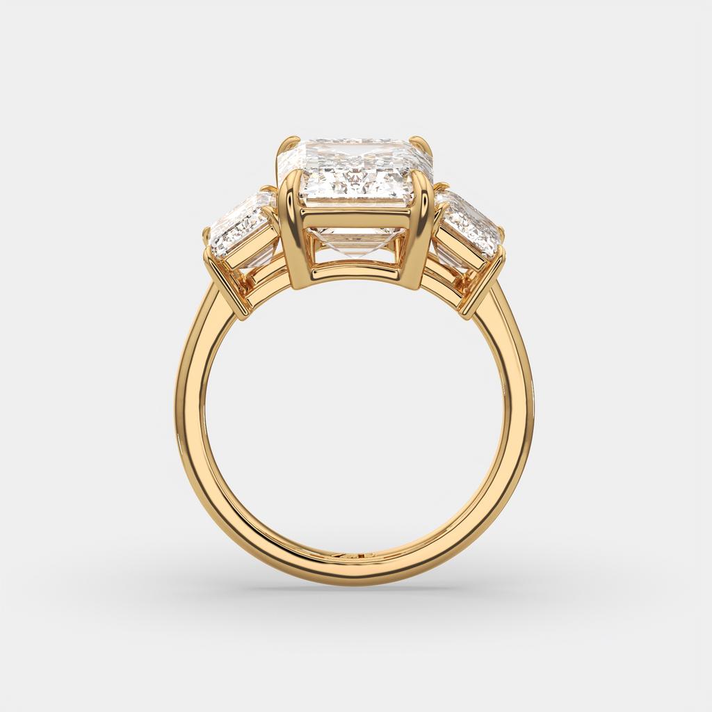 8.00 Ct E VS1 Emerald Cut Lab Grown Diamond Three Stone Ring, in yellow gold, side profile