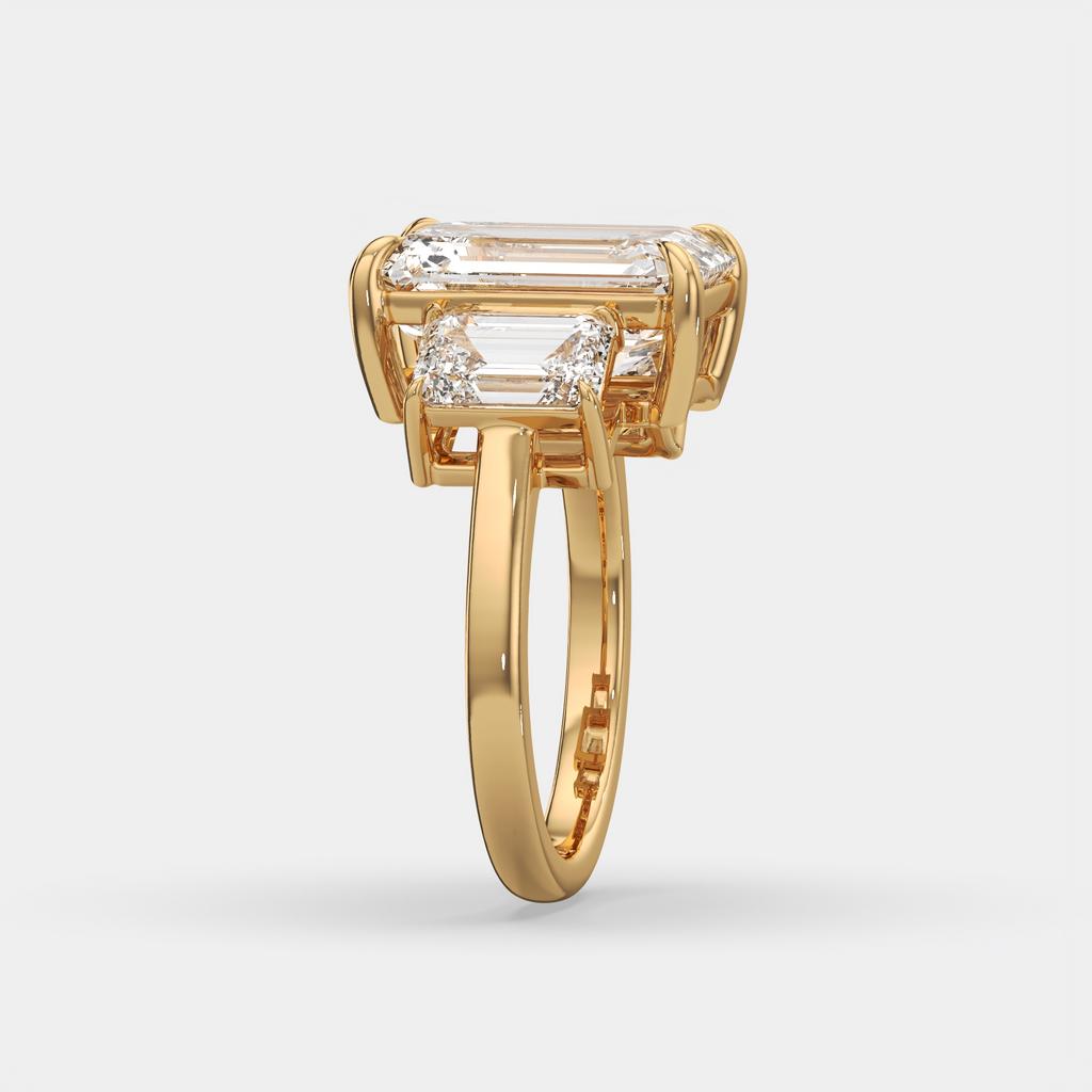 8.00 Ct E VS1 Emerald Cut Lab Grown Diamond Three Stone Ring, in yellow gold, side profile