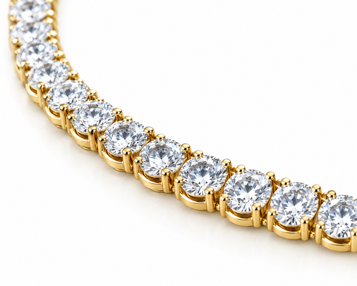 91.00 Ct D VS1 Round Lab-Grown Diamond Men's Tennis Necklace, in yellow gold, detail shot