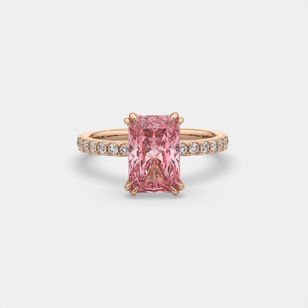 3.30 Ct Fancy Vivid Pink VS2 Radiant Lab-Grown Diamond Ring with Round Accents, in rose gold, front view