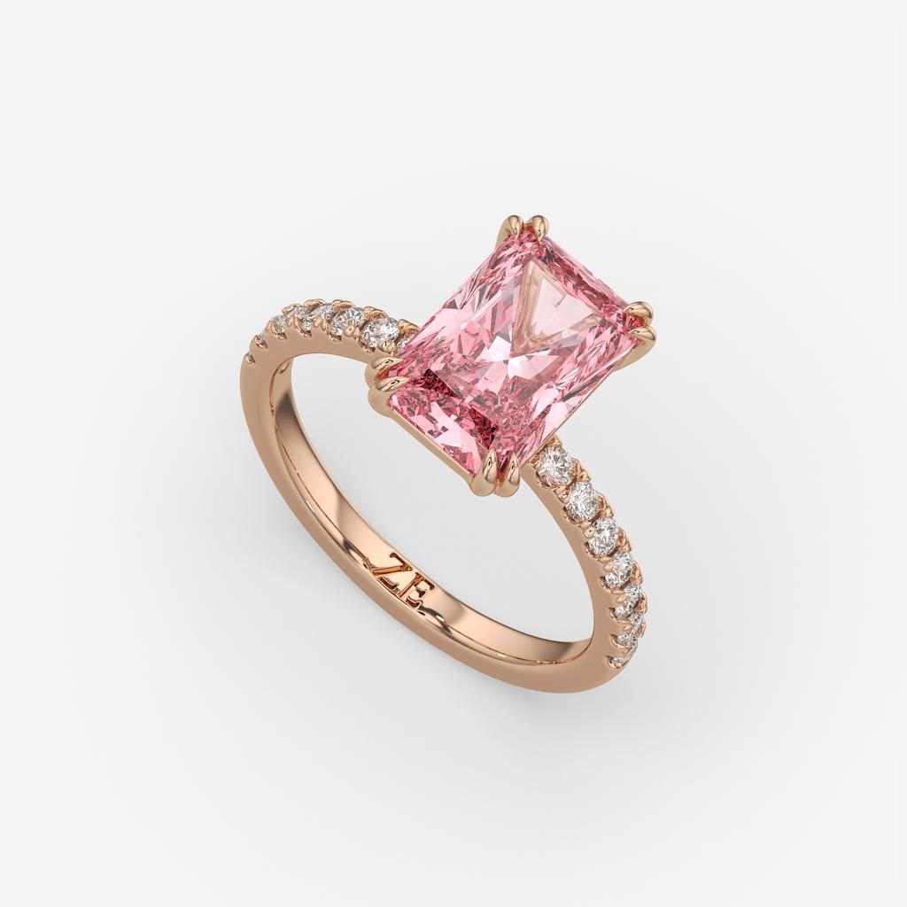 3.30 Ct Fancy Vivid Pink VS2 Radiant Lab-Grown Diamond Ring with Round Accents, in rose gold, front view