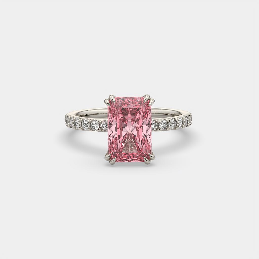 3.30 Ct Fancy Vivid Pink VS2 Radiant Lab-Grown Diamond Ring with Round Accents, in white gold, front view