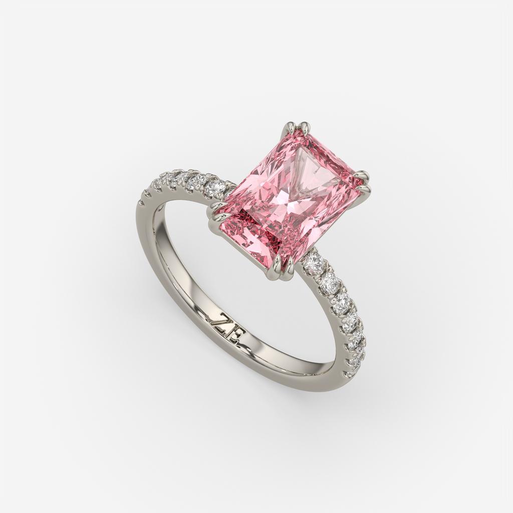 3.30 Ct Fancy Vivid Pink VS2 Radiant Lab-Grown Diamond Ring with Round Accents, in white gold, front view