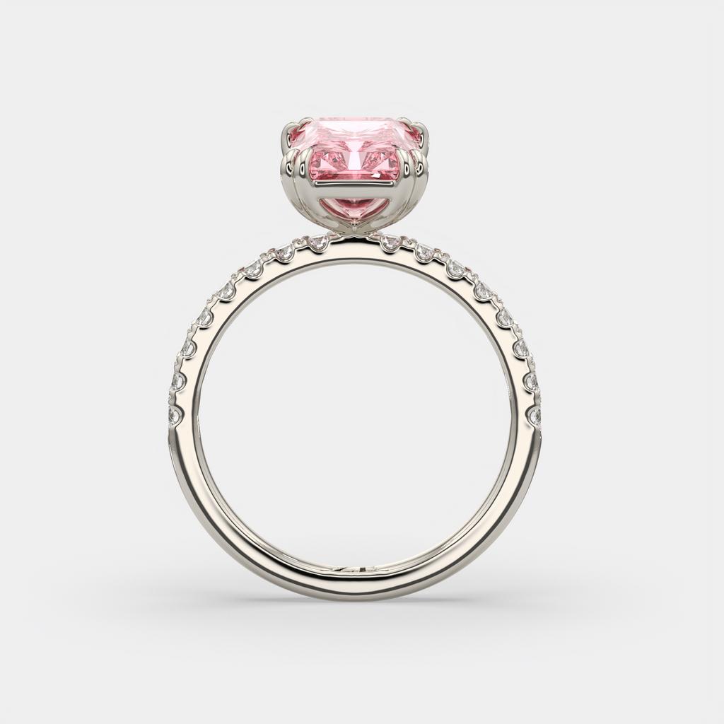 3.30 Ct Fancy Vivid Pink VS2 Radiant Lab-Grown Diamond Ring with Round Accents, in white gold, side profile