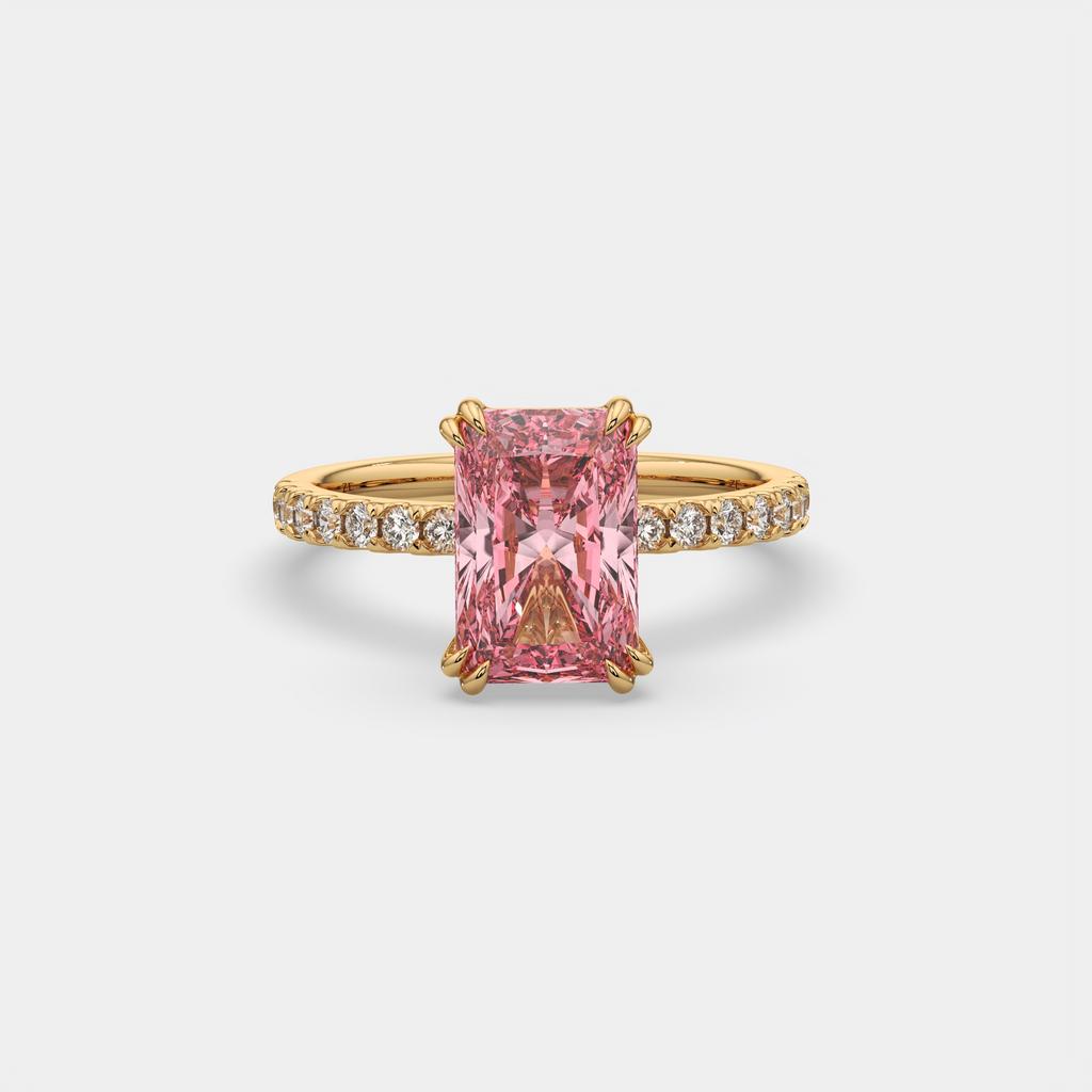 3.30 Ct Fancy Vivid Pink VS2 Radiant Lab-Grown Diamond Ring with Round Accents, in yellow gold, front view