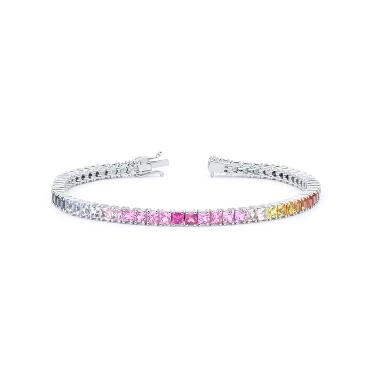 Four Prong Rainbow Sapphire Princess Cut Tennis Bracelet