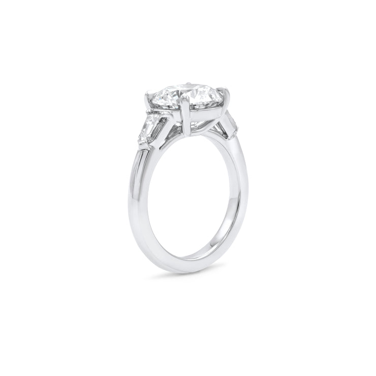 3.57 Carat Round Diamond Three Stone Engagement Ring with Tapered Baguettes in Platinum