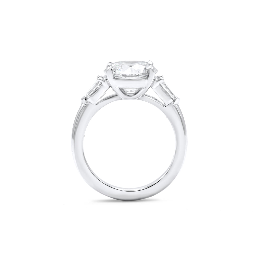 3.57 Carat Round Diamond Three Stone Engagement Ring with Tapered Baguettes in Platinum