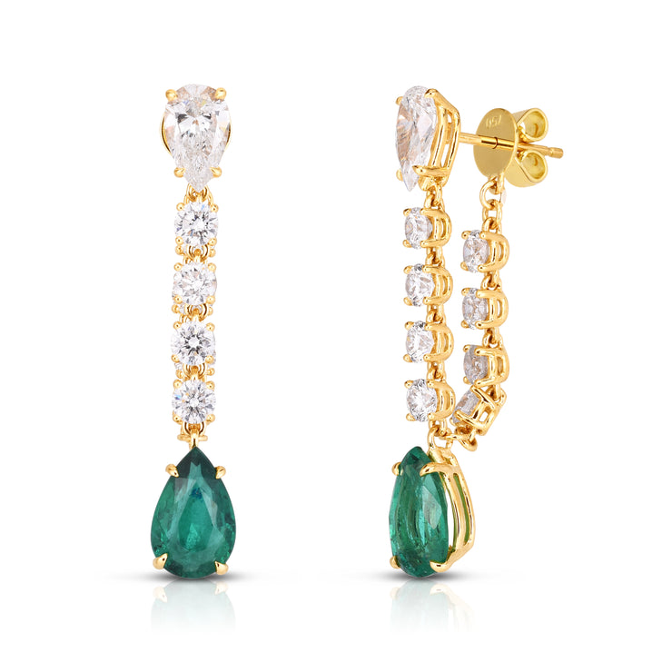 6.50 Carat Pear Shape Emerald & Diamond Drop Earrings in 18k Yellow Gold