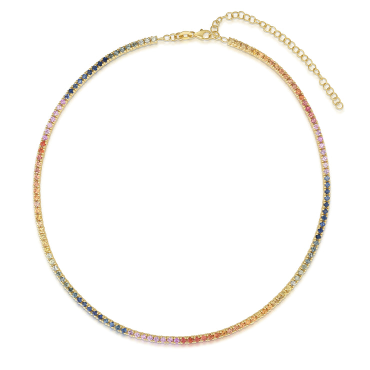 Rainbow Sapphire Choker Necklace with Adjustable Chain in Yellow Gold